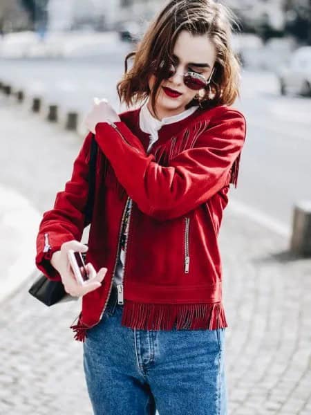 Red Suede Fringe Jacket with Mom Jeans