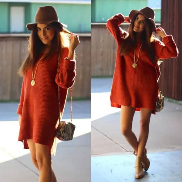 Red Chunky Sweater Dress with Grey Floppy Hat