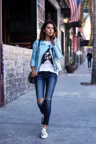 White Print Tee with Sky Blue Leather Jacket