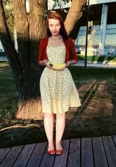 Red Cropped Cardigan with Pale Yellow Fit and Flare Knee Length Dress