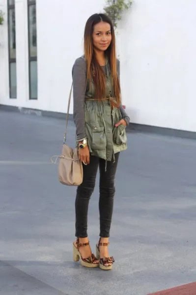 Grey Long Sleeve Tee with Green Belted Military Vest