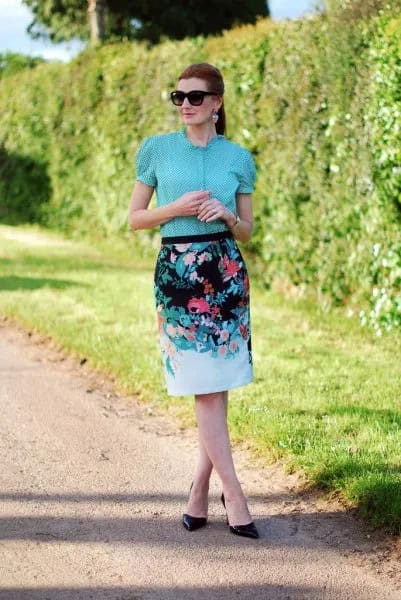 Blue Puff Sleeve Blouse with Floral Printed Pencil Skirt