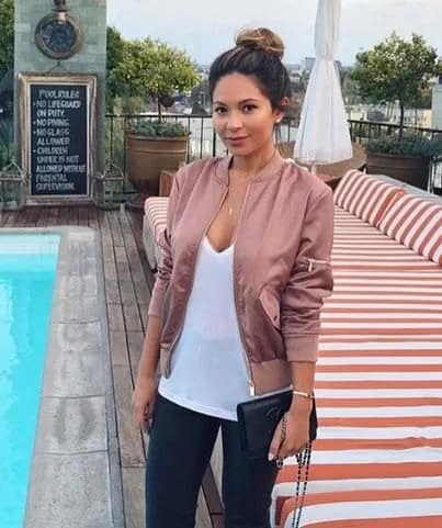 Rose Gold Bomber Jacket with Long Deep V Neck Top & Leggings