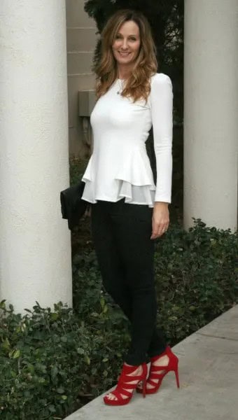 White Long Sleeve Peplum Top with Black Chinos & Red Heels