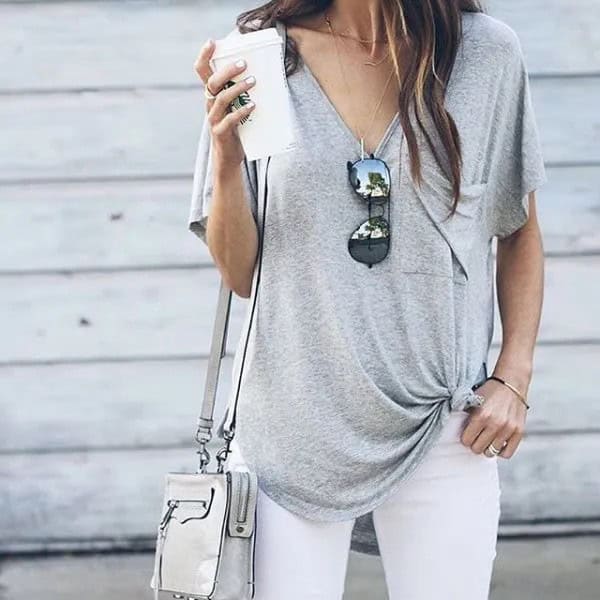 Knotted V Neck T Shirt with White Skinny Jeans