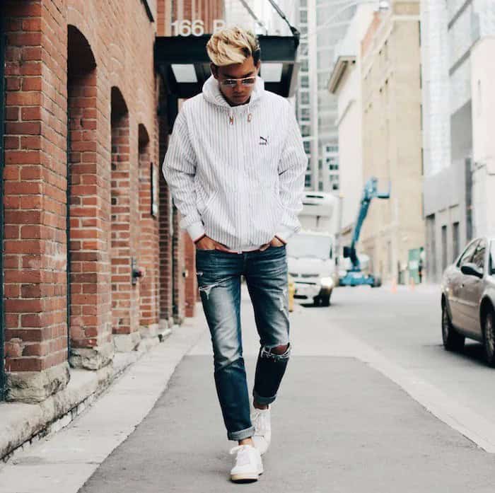 White Windbreaker with Blue Cuffed Washed Straight Leg Jeans