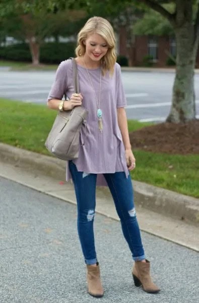 Grey Chiffon Tunic Top with Dark Blue Ripped Skinny Jeans