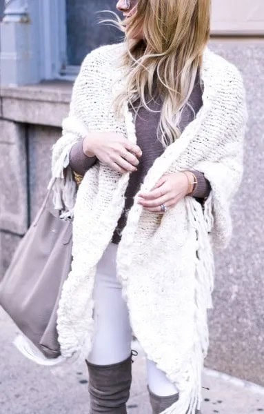 White Cable Knit Wrap Sweater with Thigh High Boots