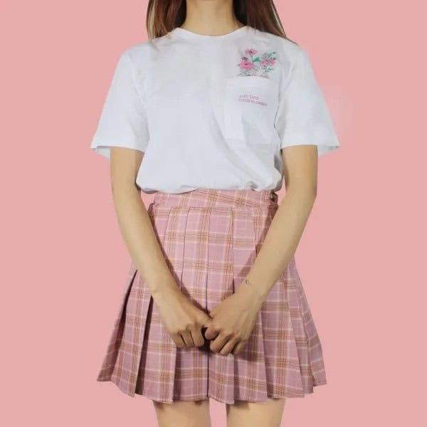 White T Shirt with Pink Pleated Plaid Skirt