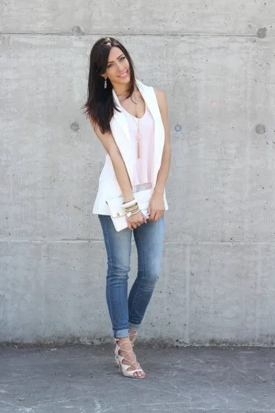 White Sleeveless Blazer Jacket with Vest Top