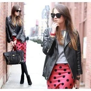 Red and Black Polka Dot Pencil Skirt with Leather Jacket