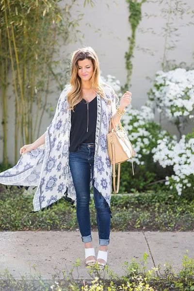 White and Blue Tribal Printed Chiffon Long Kimono Cardigan