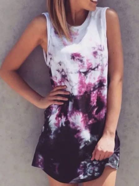 White and Black Tie Dye Sleeveless Shirt Dress