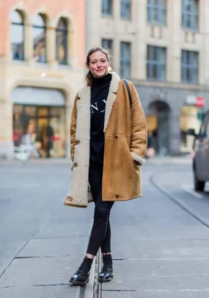 Brown Long Shearling Coat with Black Sweater & Cropped Jeans