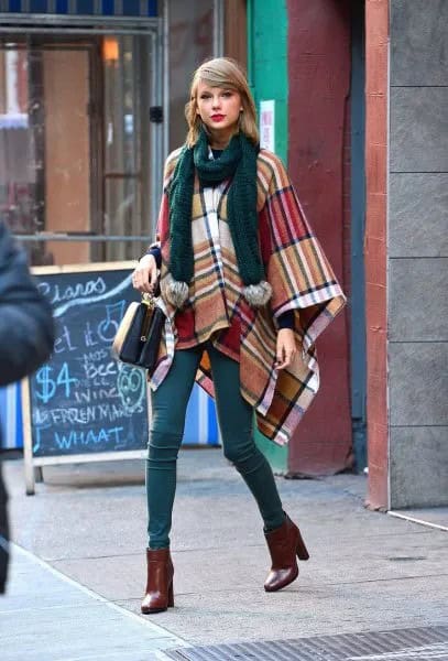 Orange and Navy Plaid Wool Poncho with Black Knit Scarf