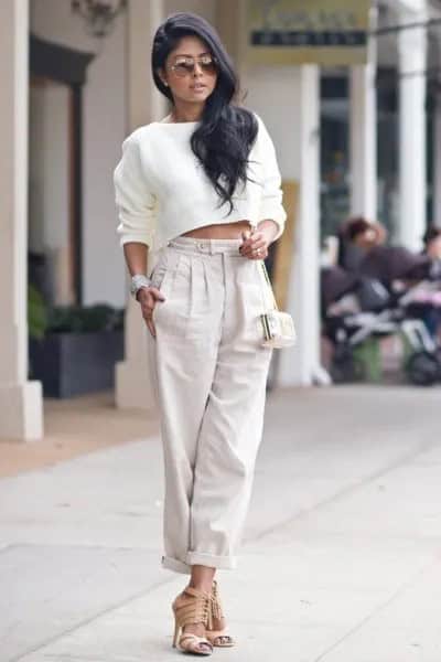 White Cropped Sweater with Light Grey Linen Pants