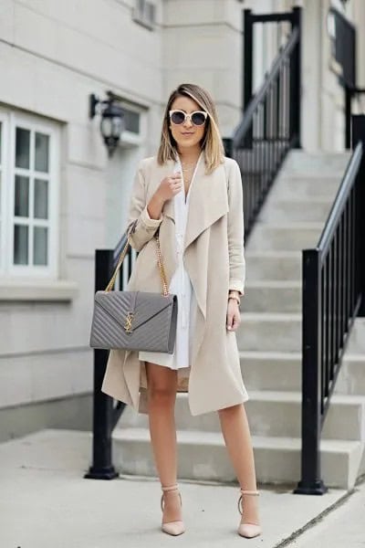 Beige Midi Coat with White Mini Shirt Dress