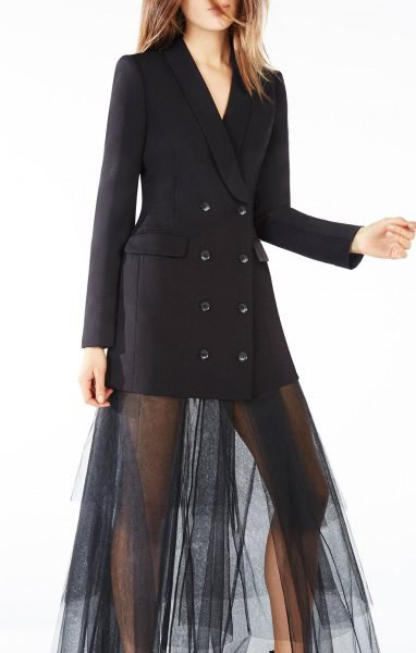 Black Tuxedo Jacket Dress with Mesh Sheer Overlay