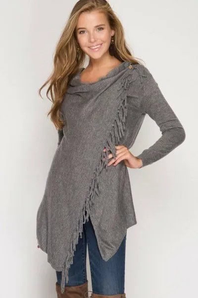 Grey Fringe Cashmere Wrap with Thigh High Leather Boots