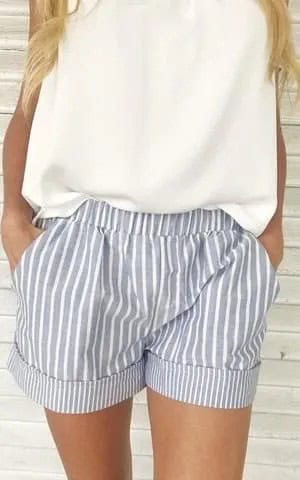 White Sleeveless Relaxed Fit Top with Grey Striped Elastic Waist Mini Shorts