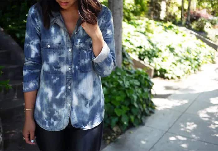 Black and White Washed Denim Button Up Shirt with Leather Leggings