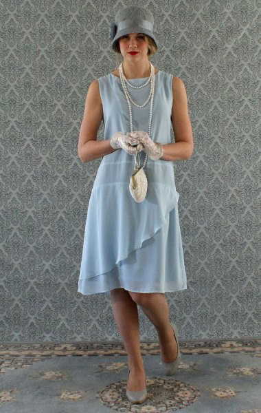 Teal Ruffle Gatsby Style Midi Dress with Grey Felt Hat