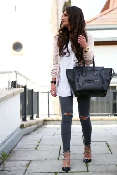 Pink Bomber Jacket with White Long Button Up Shirt