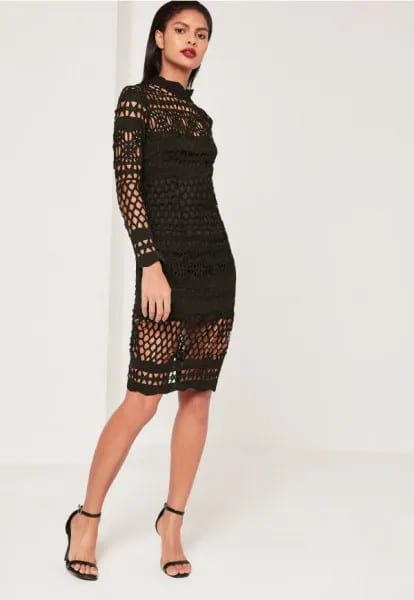 Black Long Sleeve Crochet Mock Neck Lace Midi Dress