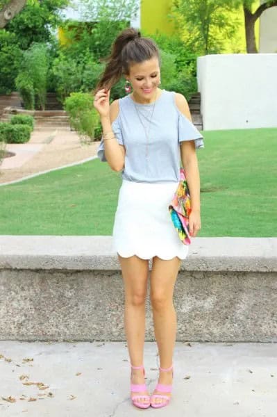 Light Grey Cold Shoulder Top with White Scallop Mini Skirt