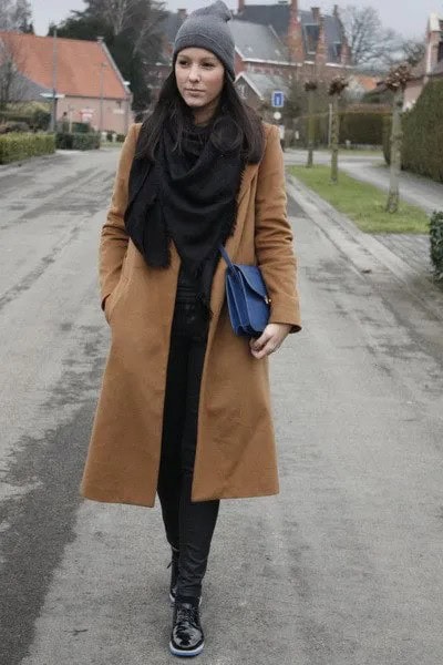 Blush Pink Long Wool Coat with Black Scarf & Matching Skinny Jeans