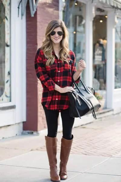 Red and Black Plaid Long Boyfriend Shirt with Brown Leather Boots