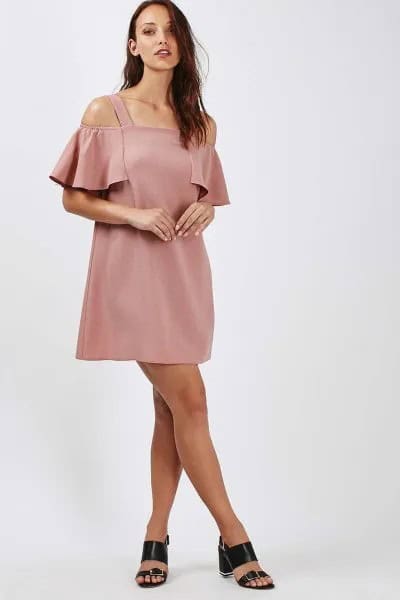 Pink Bardot Cold Shoulder Mini Dress with Open Toe Heels