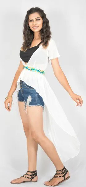 White Belted Chiffon High Low Top with Denim Shorts