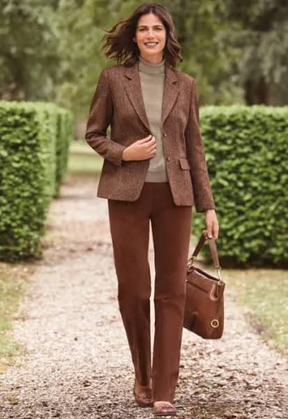 Green Tweed Blazer with Mock Neck Grey Sweater