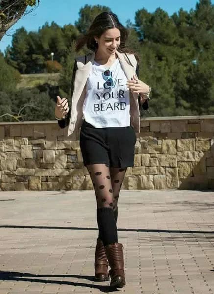 Pale Pink Blazer with White Graphic Tee & Mini Black Shorts