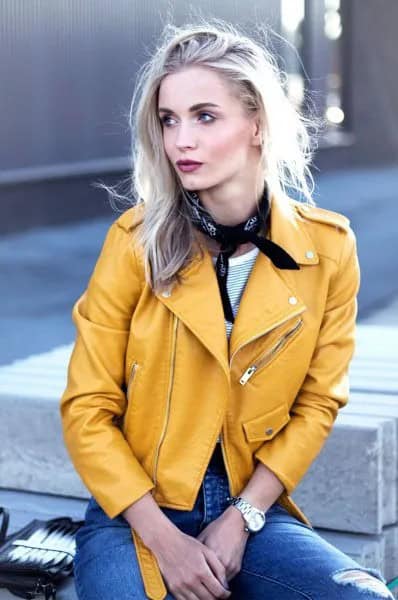 Yellow Leather Jacket with Jeans & Choker