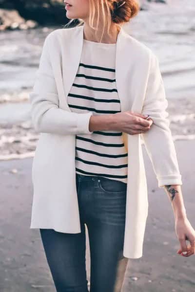 Cardigan with White and Black Striped Knit Sweater