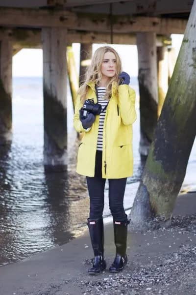 Yellow Rain Jacket with Black and White Striped Tee & Boots