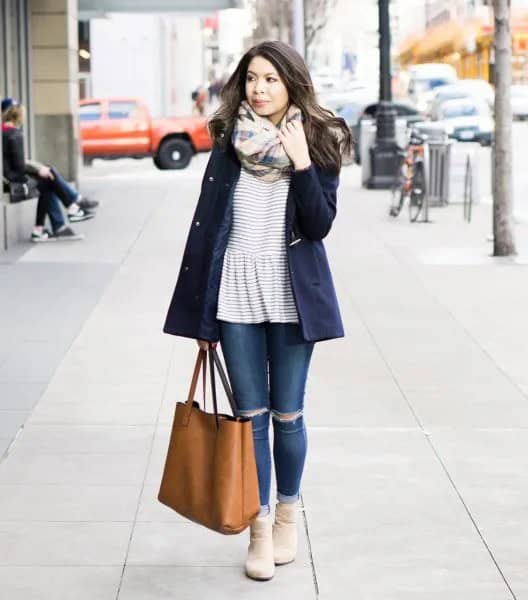 Striped Peplum Top with Black Wool Blazer