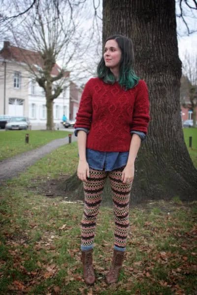 Green Cable Knit Sweater with Chambray Shirt & Knit Printed Leggings