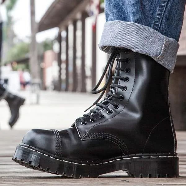 Blue Cuffed Straight Leg Jeans & Black Lace Up Square Toe Ankle Boots