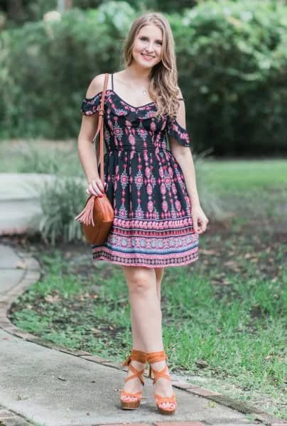 Black Tribal Printed Open Shoulder Mini Flared Dress