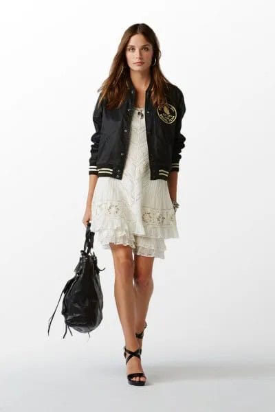 Black Polo Windbreaker with White Mini Lace Dress