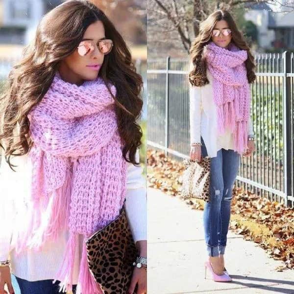 White Blouse with Light Pink Knit Fringe Scarf & Blue Cuffed Jeans