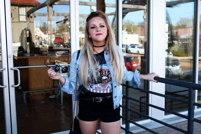 Black Graphic Tee with Light Blue Denim Jacket & Choker