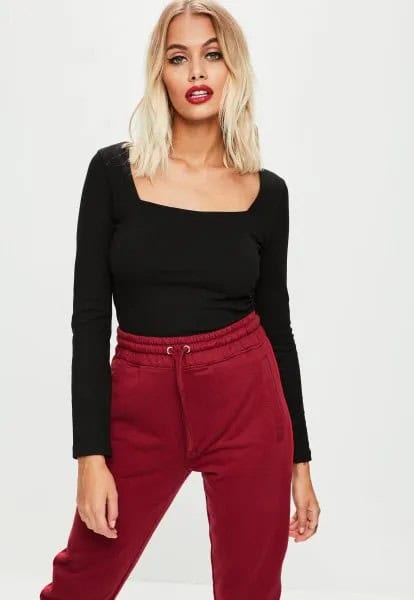 Black Square Neck Long Sleeve Tee with Burgundy Jogger Pants