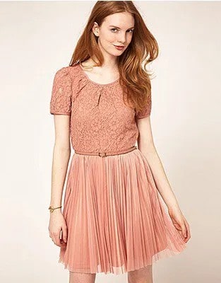 Peach Two-Toned Short Sleeve Lace and Chiffon Pleated Mini Skater Dress