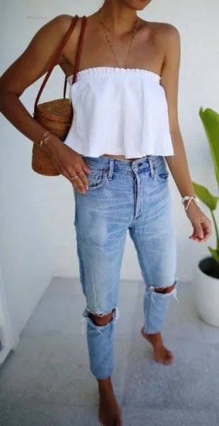 White Off The Shoulder Crop Top with Ripped Jeans