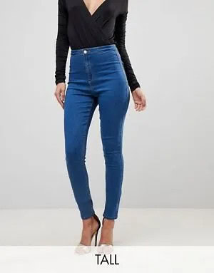 Black Deep V Neck Form Fitting Long Sleeve Top with Blue Tall Jeans