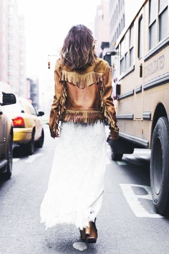 Brown Leather Jacket and White Dress